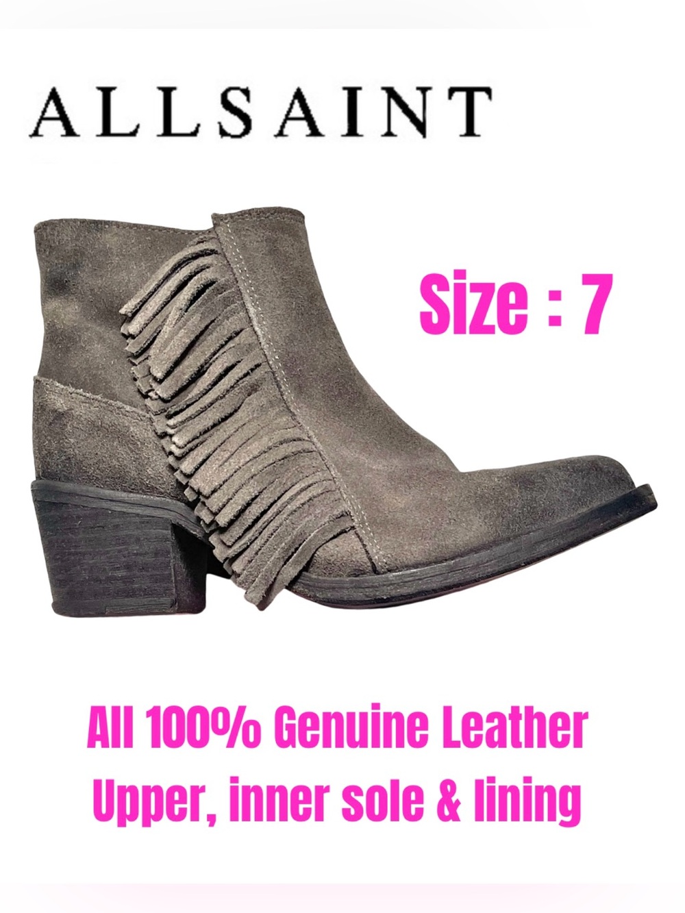 AllSaints Gray Suede Fringe Ankle Booties